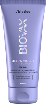 Fioletowa maska Biovax Ultra Violet do włosów blond w tubce, widok z przodu, holograficzne logo, kwas hialuronowy.