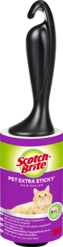 Scotch-Brite Pet Extra Sticky Hair Roller z czarną rączką, fioletowa etykieta z kotem, widok z przodu.