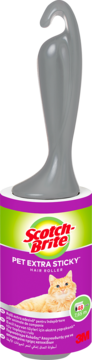 Scotch-Brite Pet Extra Sticky Hair Roller. Szara rolka z wygodnym uchwytem i fioletową etykietą z kotem.