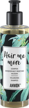 Anwen Hair me more szampon zwiększający objętość, w czarnej butelce z pompką, tropikalny wzór liści.