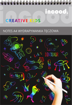 Notes A4 Wydrapywanka Tęczowa incood. z ręką trzymającą rysik i kolorowymi wzorami na czarnym tle.