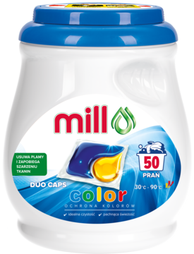 Mill Professional Duo Caps Color, 50 sztuk. Biały słój z niebieską pokrywką, z widokiem na niebiesko-żółte kapsułki.