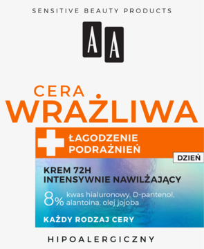 AA Cera Wrażliwa krem nawilżający 72H na dzień z kwasem hialuronowym, białe opakowanie z pomarańczowym napisem, przód.