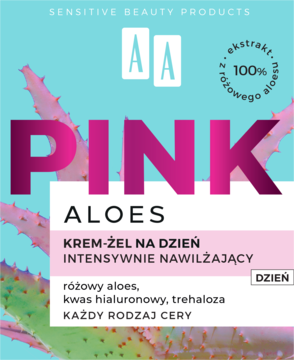 AA Pink Aloes intensywnie nawilżający krem-żel na dzień. Różowo-błękitne opakowanie z grafiką aloesu.