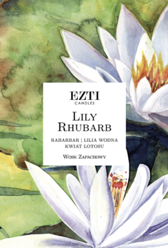 Wosk zapachowy EZTI Lily Rhubarb, opakowanie z akwarelowym motywem białych lilii wodnych, widok z przodu.
