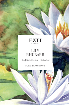 Wosk zapachowy EZTI CANDLES Lily Rhubarb, orzeźwiająco-kwiatowy, na tle akwareli z białymi liliami wodnymi.
