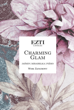 EZTI CANDLES Charming Glam wosk zapachowy. Biała etykieta na fioletowo-różowym tle kwiatowym, widok przód.
