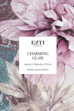 Opakowanie wosku EZTI Charming Glam z jaśminem, mirabelką, piżmem, na tle akwarelowych różowych kwiatów. Z przodu.