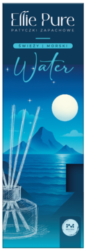Ellie Pure Pachnące patyczki zapachowe Water. Granatowe opakowanie z księżycowym morzem, szkic dyfuzora.