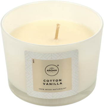 Kremowa świeca Cotton Vanilla z naturalnego wosku w matowym, białym szkle, widok z góry.