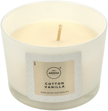 Kremowa świeca Cotton Vanilla z naturalnego wosku w matowym, białym szkle, widok z góry.