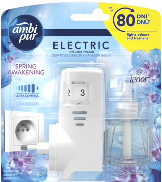 Front opakowania Ambi Pur Electric Spring Awakening: biały dyfuzor i wkład zapachowy na niebieskim tle.