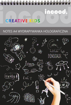Notes A4 wydrapywanka holograficzna incood. dla dzieci, czarna okładka z kolorowymi rysunkami, widok z przodu.