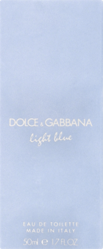 Jasnoniebieskie opakowanie perfum Dolce & Gabbana Light Blue 50ml, przód kartonika z białym napisem.