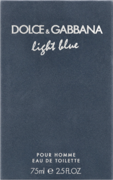 Dolce & Gabbana Light Blue Pour Homme Eau de Toilette 75ml, matowe, szaroniebieskie pudełko z białymi napisami, widok z przodu.