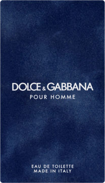 Ciemnoniebieskie opakowanie Dolce & Gabbana Pour Homme Eau de Toilette z białym napisem, imitującym zamsz.