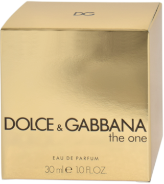 Lśniące, złote opakowanie perfum Dolce & Gabbana The One EDP 30ml, widok z przodu z wyraźnym logo.