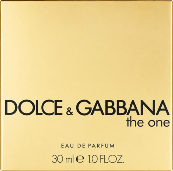 Złote pudełko perfum Dolce & Gabbana The One 30ml Eau de Parfum, widok z przodu, czarny napis.