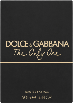 Czarne pudełko perfum Dolce & Gabbana The Only One 50 ml, Eau de Parfum, ze złotymi napisami, widok z przodu.