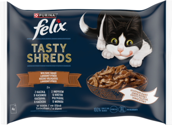 Niebieska saszetka FELIX Tasty Shreds, mokra karma dla kotów z kaczką i indykiem. Kot je szarpane kąski. Widok z przodu.