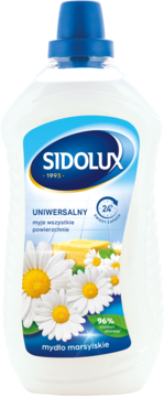 Biała butelka Sidolux Uniwersalny płyn do mycia z Marseille soap i rumiankami, niebieska nakrętka, widok z przodu.