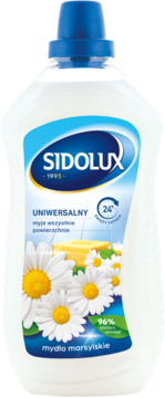 Biała butelka Sidolux Uniwersalny płyn do mycia z Marseille soap i rumiankami, niebieska nakrętka, widok z przodu.