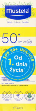 Opakowanie mleczka przeciwsłonecznego Mustela SPF 50+, żółto-białe, z napisem 'Od 1. dnia życia'.