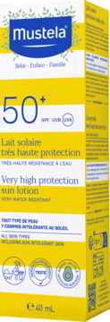 Mustela mleczko słoneczne SPF 50+, bardzo wodoodporne, żółto-biały kartonik, widok z przodu.