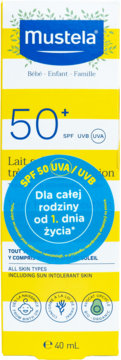 Mustela mleczko przeciwsłoneczne SPF 50+, biało-żółta butelka, front, dla całej rodziny i dzieci od 1. dnia.