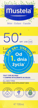 Mustela mleczko do opalania SPF 50+ od 1. dnia życia, biało-żółte opakowanie 100ml, widok przód.