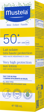 Biało-żółte pudełko Mustela mleczka przeciwsłonecznego SPF 50+ 'Very high protection' dla rodziny, 100ml.