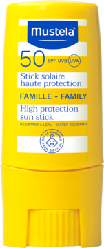 Żółty sztyft Mustela SPF 50 z białymi napisami. Wysoka ochrona przeciwsłoneczna dla całej rodziny.