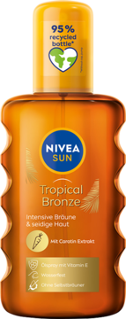 Frontalny widok olejku NIVEA SUN Tropical Bronze z karotenem w pomarańczowej butelce z żółtą nakrętką, 95% recyklingu.