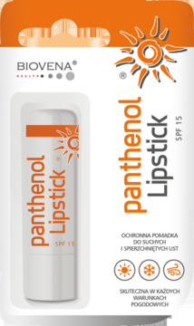 Biovena Panthenol Lipstick, nawilżająca pomadka ochronna z SPF 15 w biało-pomarańczowym opakowaniu, widok z przodu.