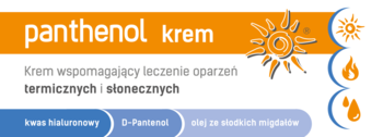 Pomarańczowo-biała grafika kremu Panthenol na oparzenia słoneczne i termiczne, z ikonami słońca.