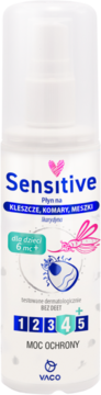 Biała butelka sprayu VACO Sensitive, płyn na kleszcze, komary, meszki, dla dzieci 6mc+, BEZ DEET, widok z przodu.