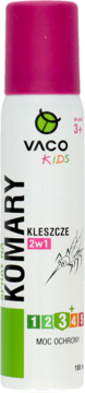 VACO Kids 2w1 spray na komary i kleszcze, biała butelka z różową nakrętką, widok z przodu, wiek 3+.