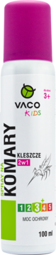 VACO KIDS spray na komary, meszki, kleszcze. Biała butelka z różową zakrętką, dla dzieci 3+, widok z przodu.