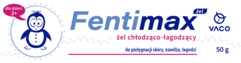 Fentimax żel chłodząco-łagodzący 50g, logo z pingwinem, dla dzieci 3+, na skórę wrażliwą po ukąszeniach.