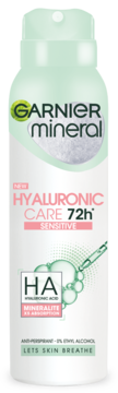 Biały spray Garnier Mineral Hyaluronic Care 72h Sensitive, antyperspirant z kwasem hialuronowym, widok z przodu.