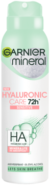 Garnier Mineral Hyaluronic Care 72h Sensitive antyperspirant w zielono-białej butelce, widok z przodu.