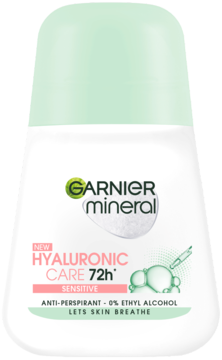 Biały antyperspirant Garnier Mineral Hyaluronic Care 72h Sensitive roll-on, z jasnozieloną nakrętką, widok z przodu.