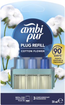 Ambi Pur 3Volution wkład Cotton Flower, 3 uzupełniające zapachy, na 90 dni, w biało-niebieskim opakowaniu z bawełną.