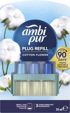 Wkład Ambi Pur 3Volution Plug Refill Cotton Flower, 3x20ml, niebieskie opakowanie z puszystą bawełną, widok z przodu.
