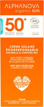 Mineralny krem przeciwsłoneczny Alphanova Organic Sun SPF 50+ BIO do twarzy. Pomarańczowe opakowanie.