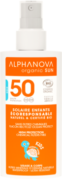 ALPHANOVA Organic Sun Kids,spray przeciwsłoneczny do twarzy i ciała, dla dzieci, wodoodporny, SPF 50,przód