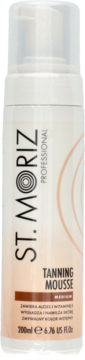 St. Moriz Professional Tanning Mousse Medium, biała butelka 200ml z napisem, brązowym gradientem i pompką, widok z przodu.