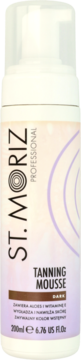 St.Moriz Professional Tanning Mousse Dark z aloesem i witaminą E w białej butelce, widok z przodu.
