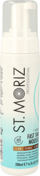 Biała butelka samoopalacza St. Moriz Fast Tan Mousse 200ml z turkusową etykietą, widok z przodu.