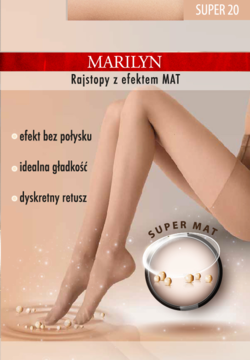Marilyn Rajstopy z efektem MAT, 20 den, cieliste. Modelka prezentuje matowe, gładkie rajstopy. Widoczny puder.